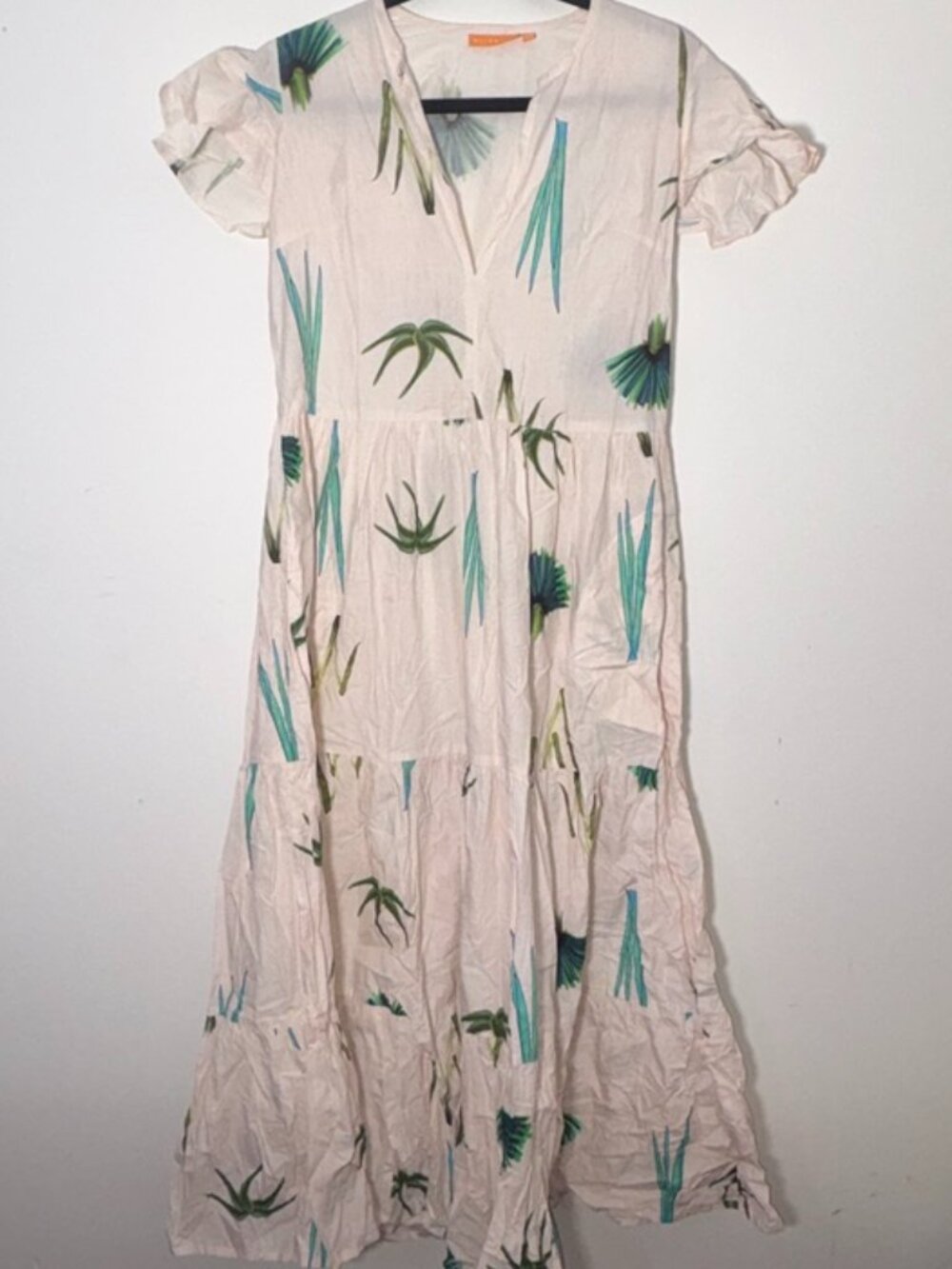 Womens Oliphant Tiered Maxi Dress Blush Pink Botanical Greens 100% Cotton XS
